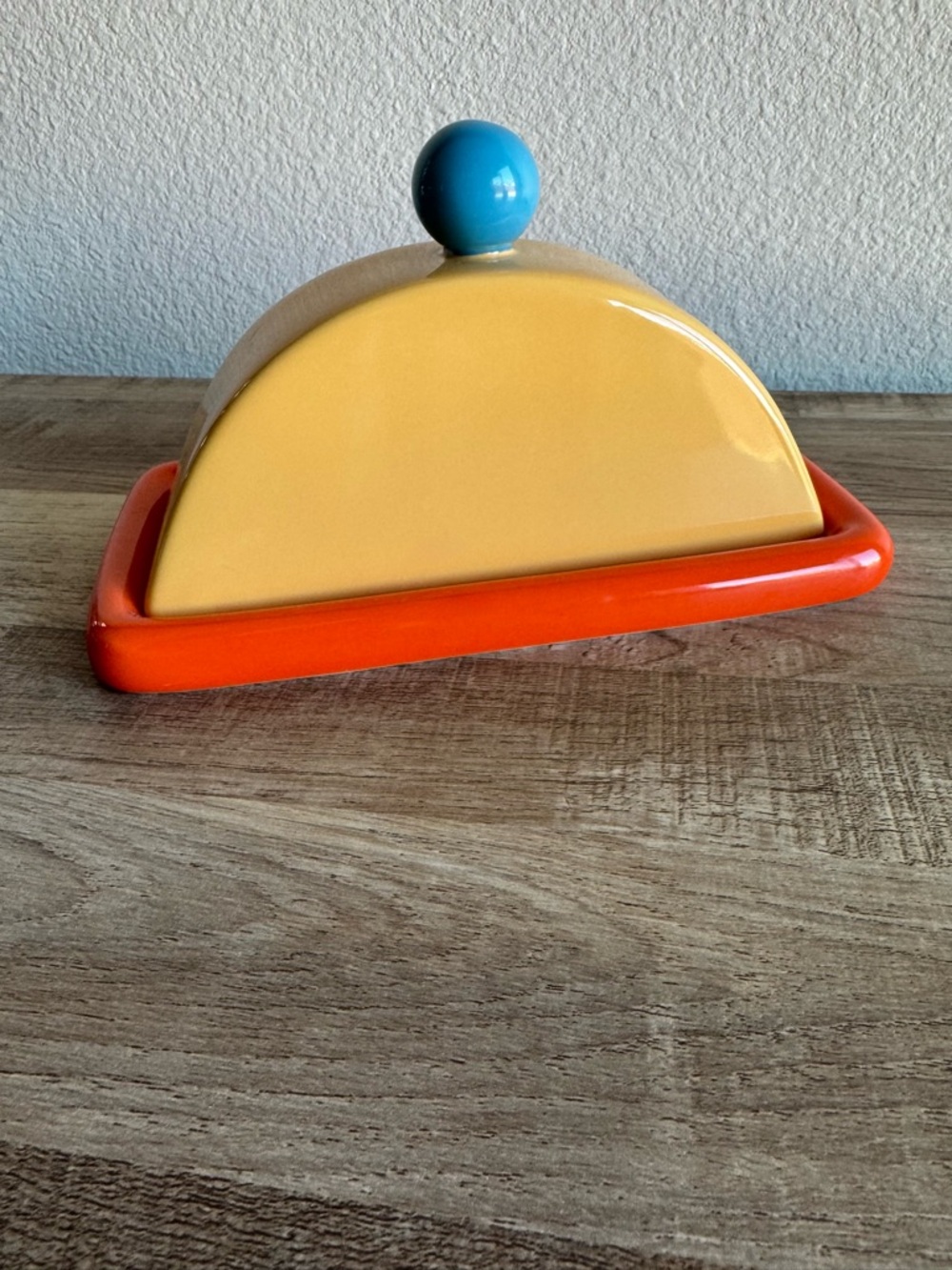 Ceramic Butter Dish in Yellow with Orange Tray and Blue Knob very cute